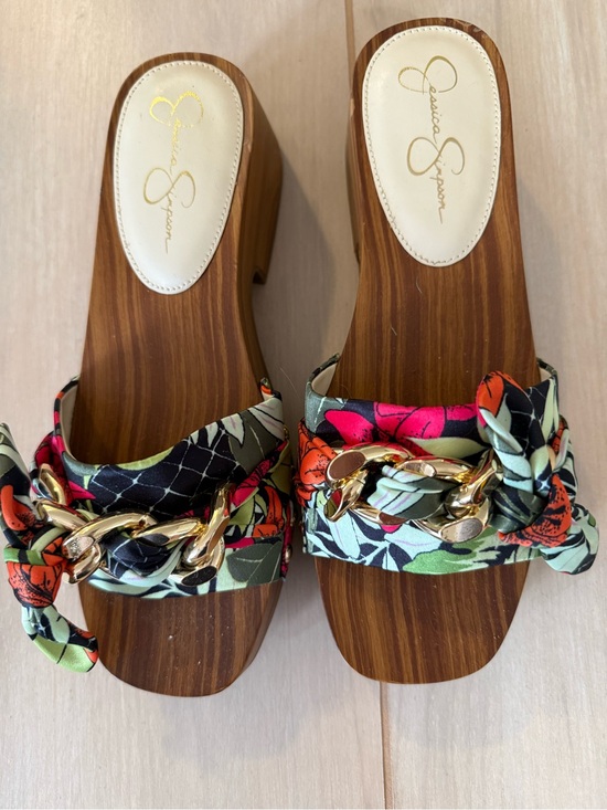 Jessica Simpson Shoes - Jessica Simpson Floral Tie Sandal Gold Chain Accent Resima Platform Sandal Clog